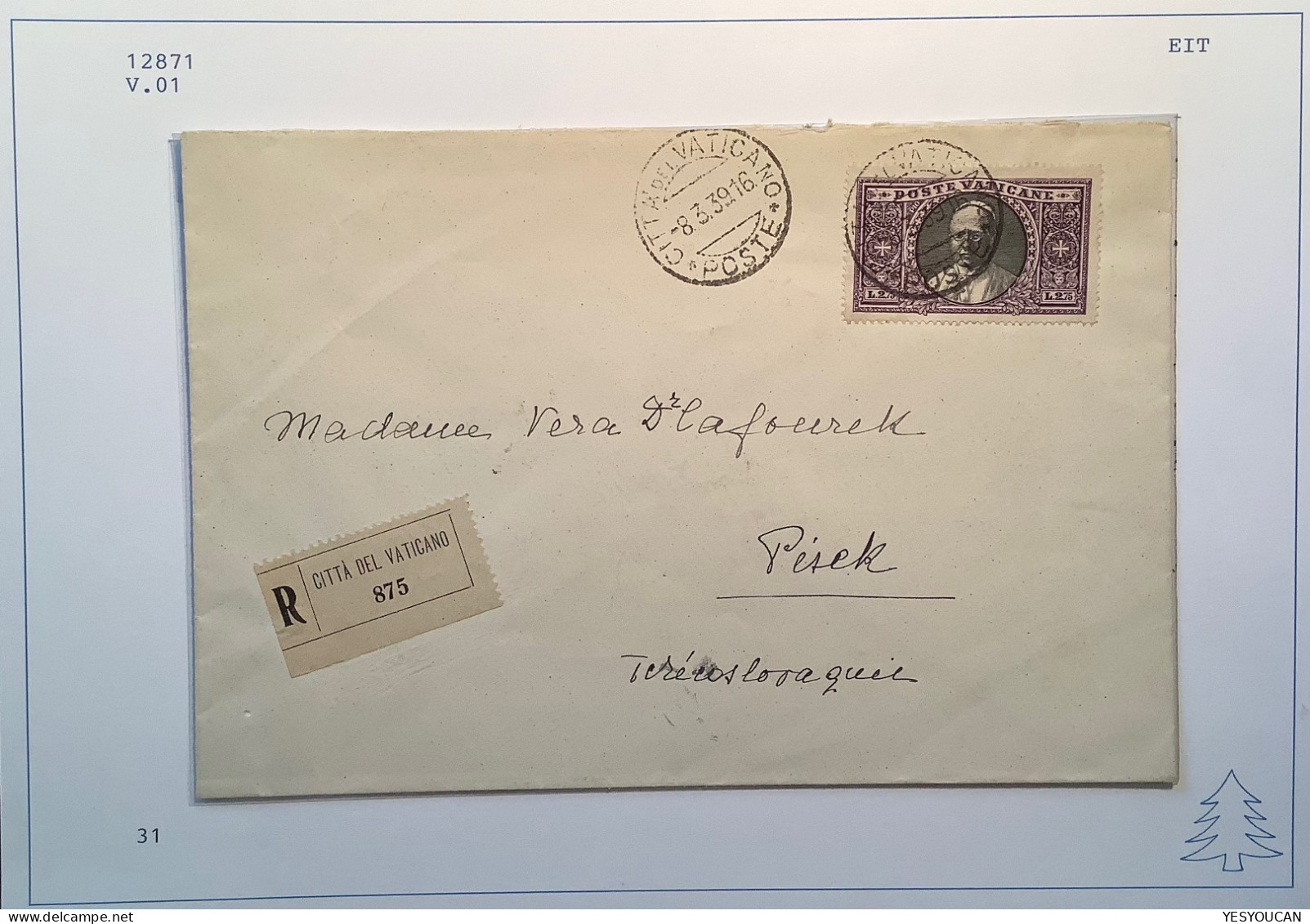 Sa.31 1933 2,75L (Sa.380€) 1939 Lettera>Pesek CZ  (Vatican Vaticano Cover Lettre Italy Italia - Lettres & Documents