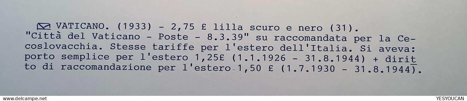 Sa.31 1933 2,75L (Sa.380€) 1939 Lettera>Pesek CZ  (Vatican Vaticano Cover Lettre Italy Italia - Cartas & Documentos