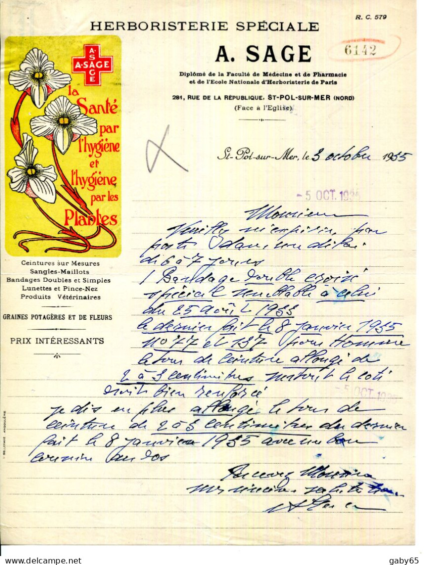 FACTURE.59.NORD.SAINT POL SUR MER.HERBORISTERIE SPECIALE.A.SAGE 281 RUE DE LA REPUBLIQUE. - Drogerie & Parfümerie