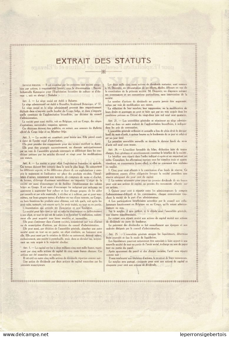 Titre De 1928 - Sté Industrielle Katangaise Pour L'Exploitation Forestière De Cultures Et D'Elevage - SINKAFOR - - Afrika