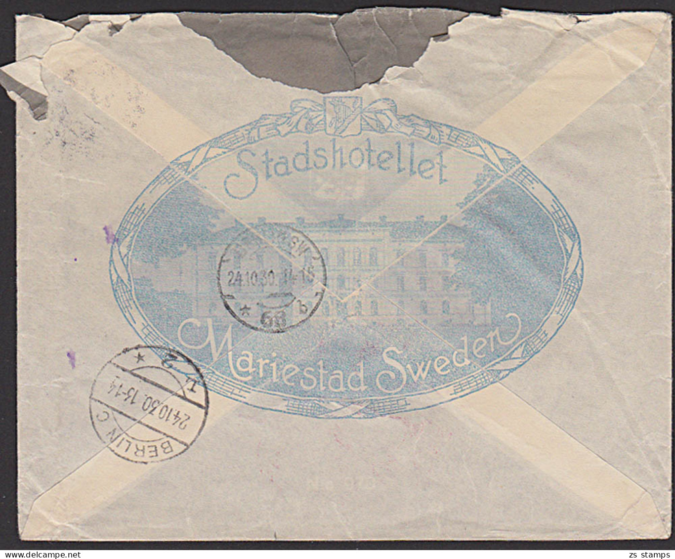 Mariestad Sweden Stadshotellet Par Avion R-Bf 1930 "Mit Luftpost Befördert Berlin C2" - Covers & Documents