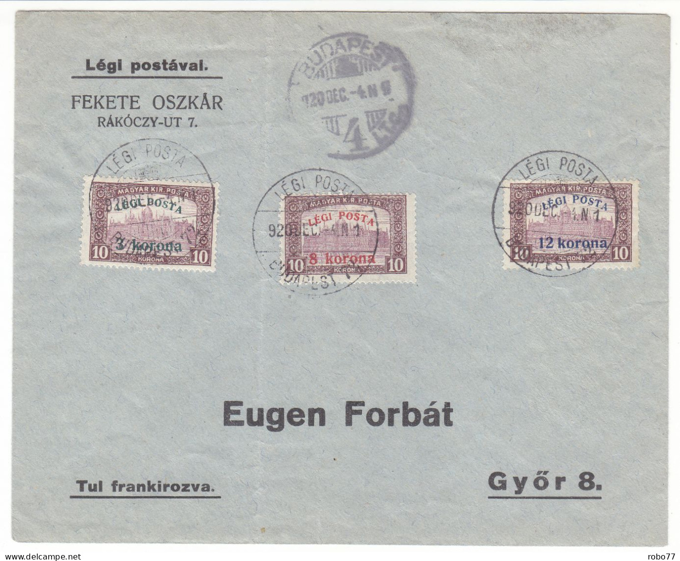 1920 Hungary Air Mail Multifranked Cover, Letter. LEGI POSTA. Budapest, Gyor. Overprint Stamps. (G13c259) - Briefe U. Dokumente