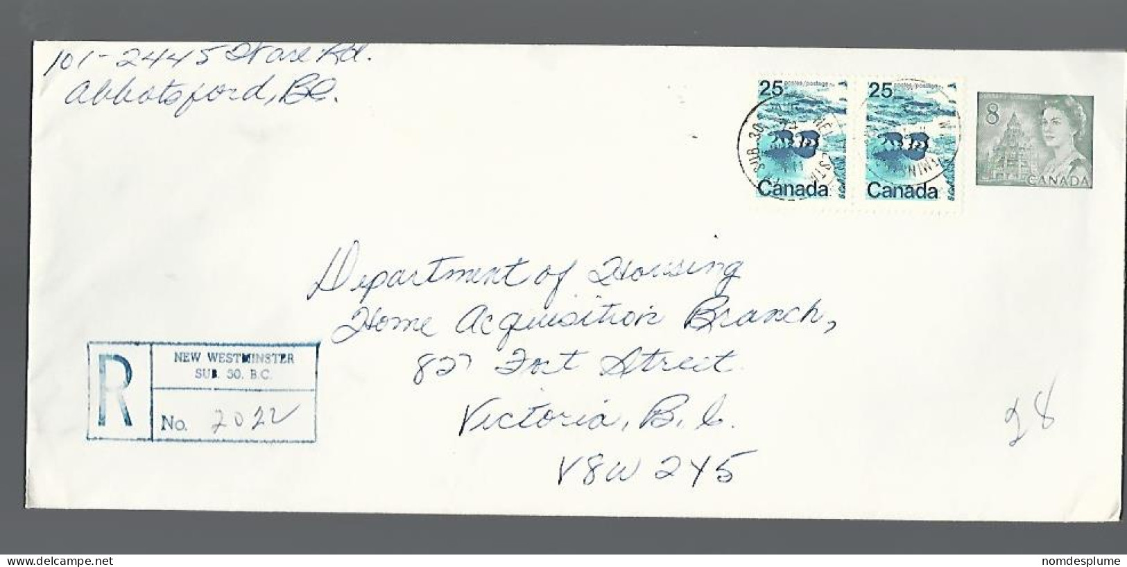 58201) Canada Registered New Westminster Sub 30 Postmark Cancel 1974 - Registration & Officially Sealed