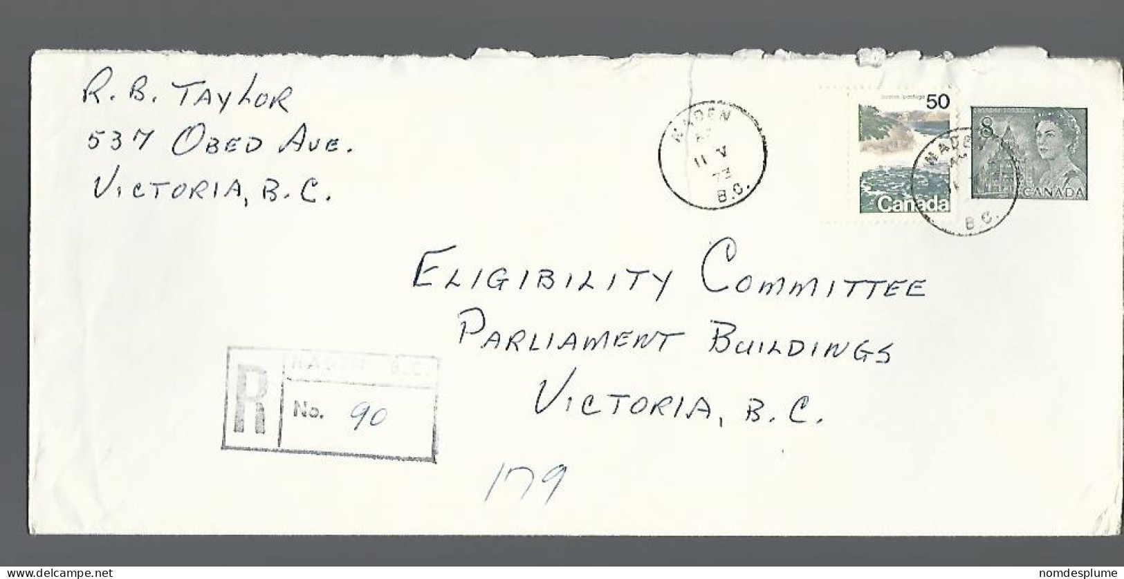 58212) Canada  Registered Naden Postmark Cancel 1973 - Recommandés