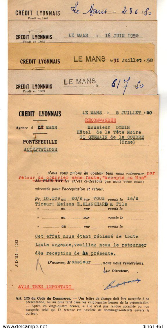 VP22.025 - 1950 - 5 Lettres Du Crédit Lyonnais Agence à LE MANS Pour Mr DOMIN à SAINT - GERMAIN - DE - LA COUDRE - Bank En Verzekering