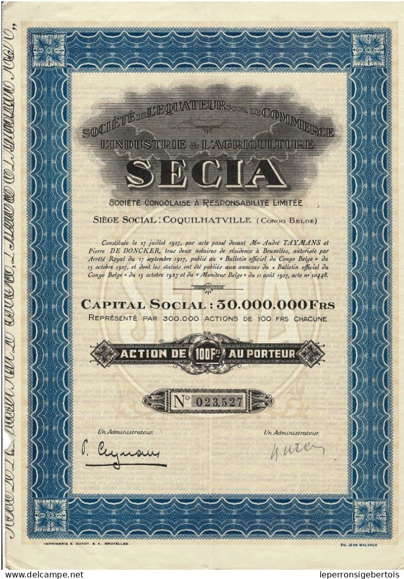 Titre De 1927- Sté De L'Equateur Pour Le Commerce, L'Industrie & L'Agriculture Sté Congolaise à Responsablilité Limitée - Afrika