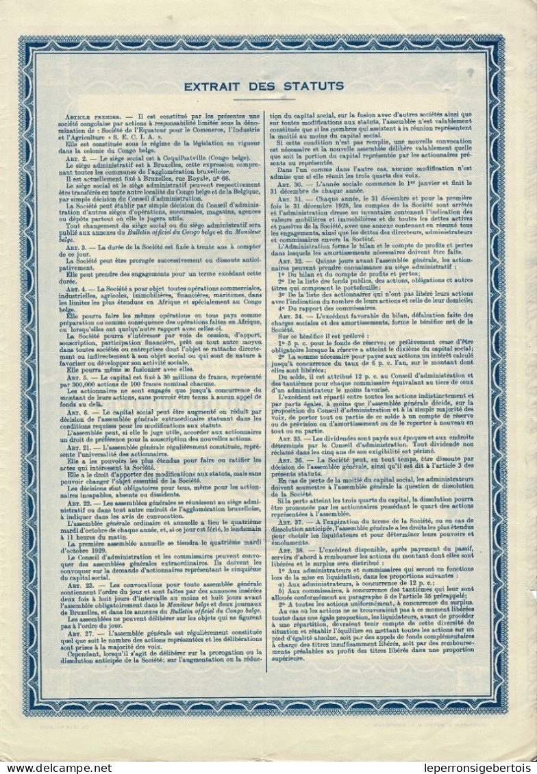 Titre De 1927- Sté De L'Equateur Pour Le Commerce, L'Industrie & L'Agriculture Sté Congolaise à Responsablilité Limitée - Afrika