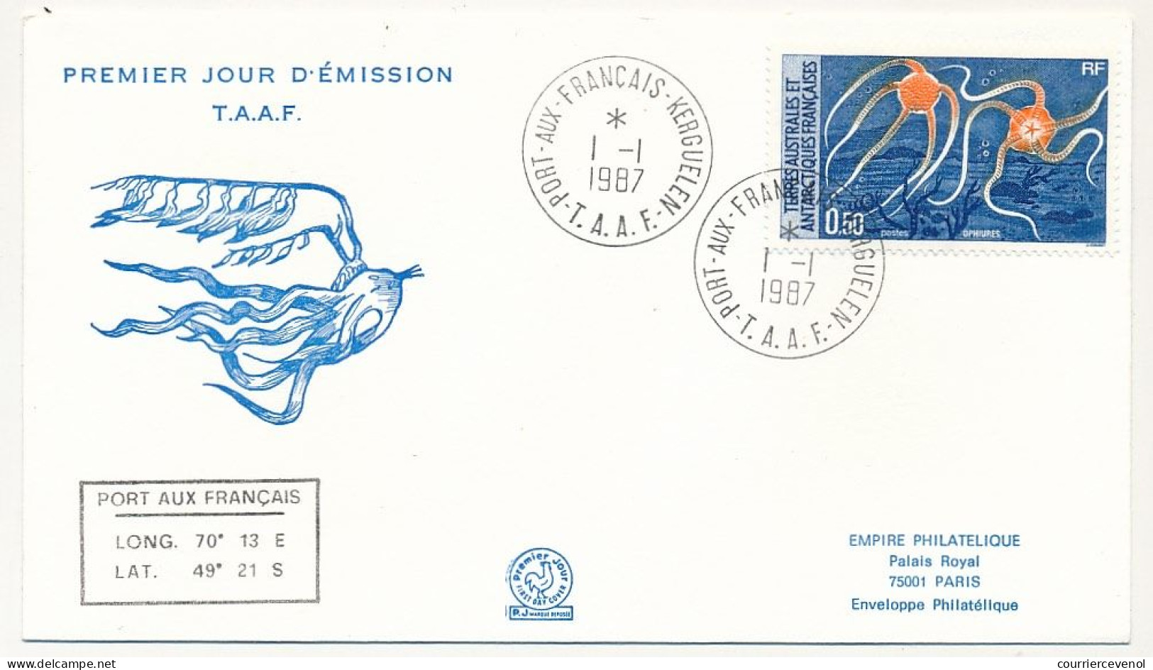 TAAF - Env FDC - 0,50 Ophiures - Alfred Faure Crozet - 1/1/1987 - FDC