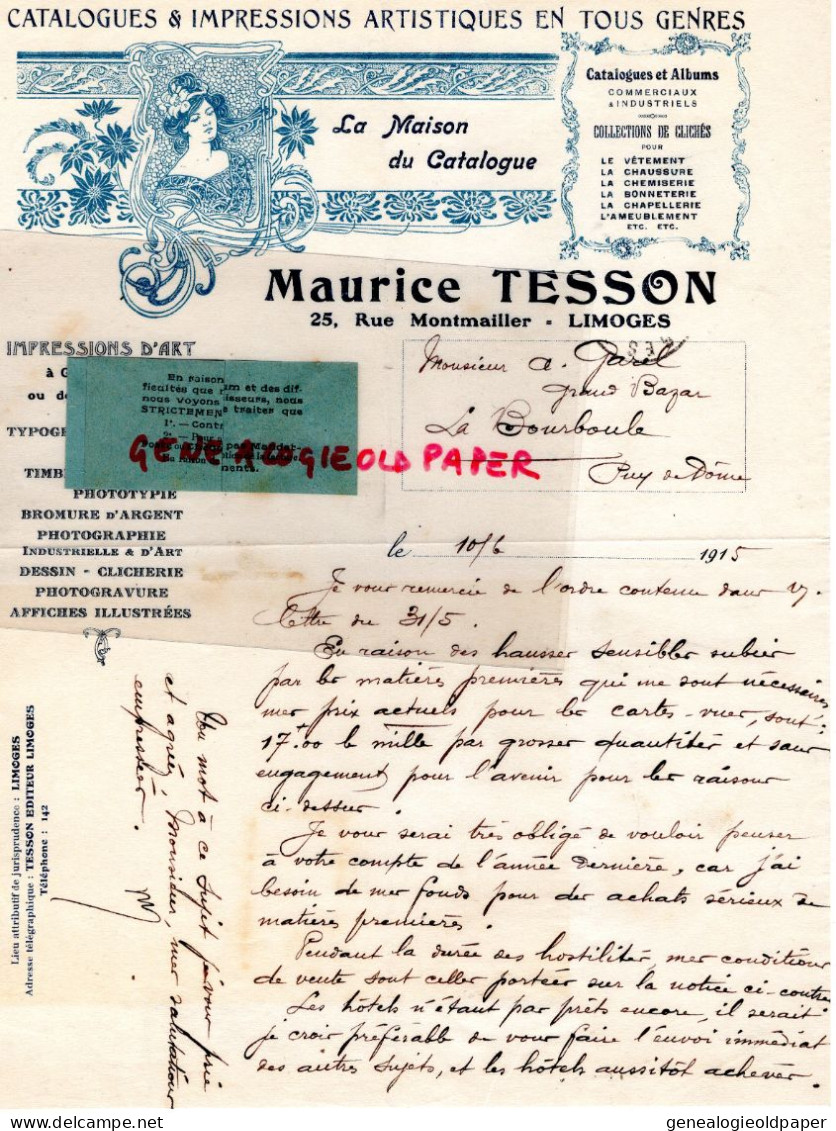 87- LIMOGES- RARE LETTRE 1915- MAURICE TESSON -IMPRIMERIE PAPETERIE EDITEUR CARTES POSTALES- 25 RUE MONTMAILLER -GAREL - Imprimerie & Papeterie