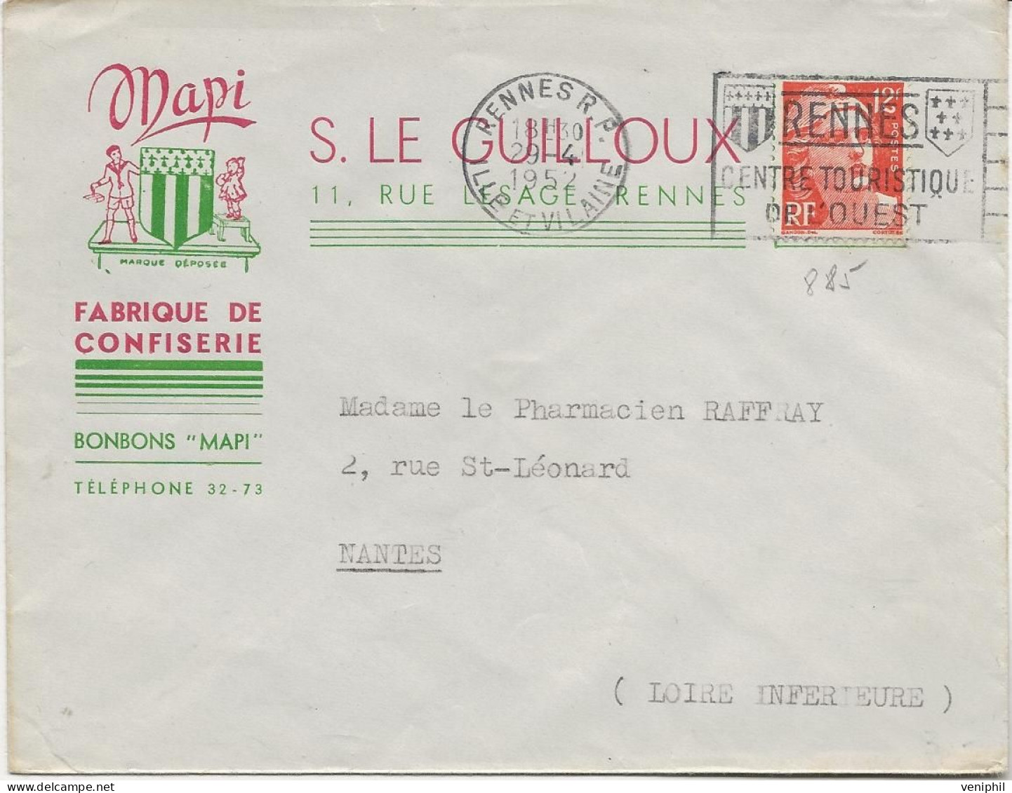 LETTRE ENTETE PUBLICITAIRE - BONBONS  MAPI -RENNES - AFFTANCHIE N° 885  -OBLITEREE CAD + FLAMME RENNES 1952 - 1961-....