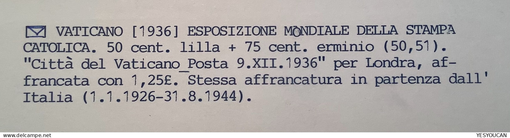 Sa.50 51 1936 50c+75c(550€)ESPOSIZIONE MONDIALE DELLA STAMPA CATTOLICA  Lettera(Vatican Vaticano Cover Dove Art Painting - Cartas & Documentos