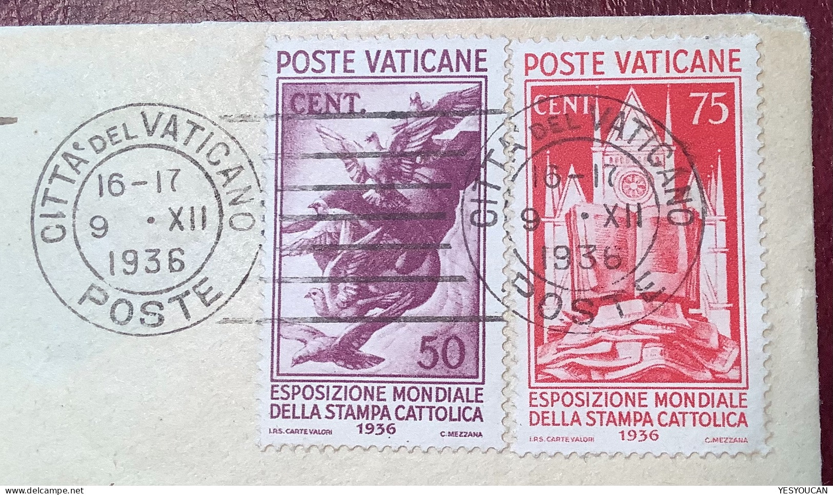 Sa.50 51 1936 50c+75c(550€)ESPOSIZIONE MONDIALE DELLA STAMPA CATTOLICA  Lettera(Vatican Vaticano Cover Dove Art Painting - Brieven En Documenten