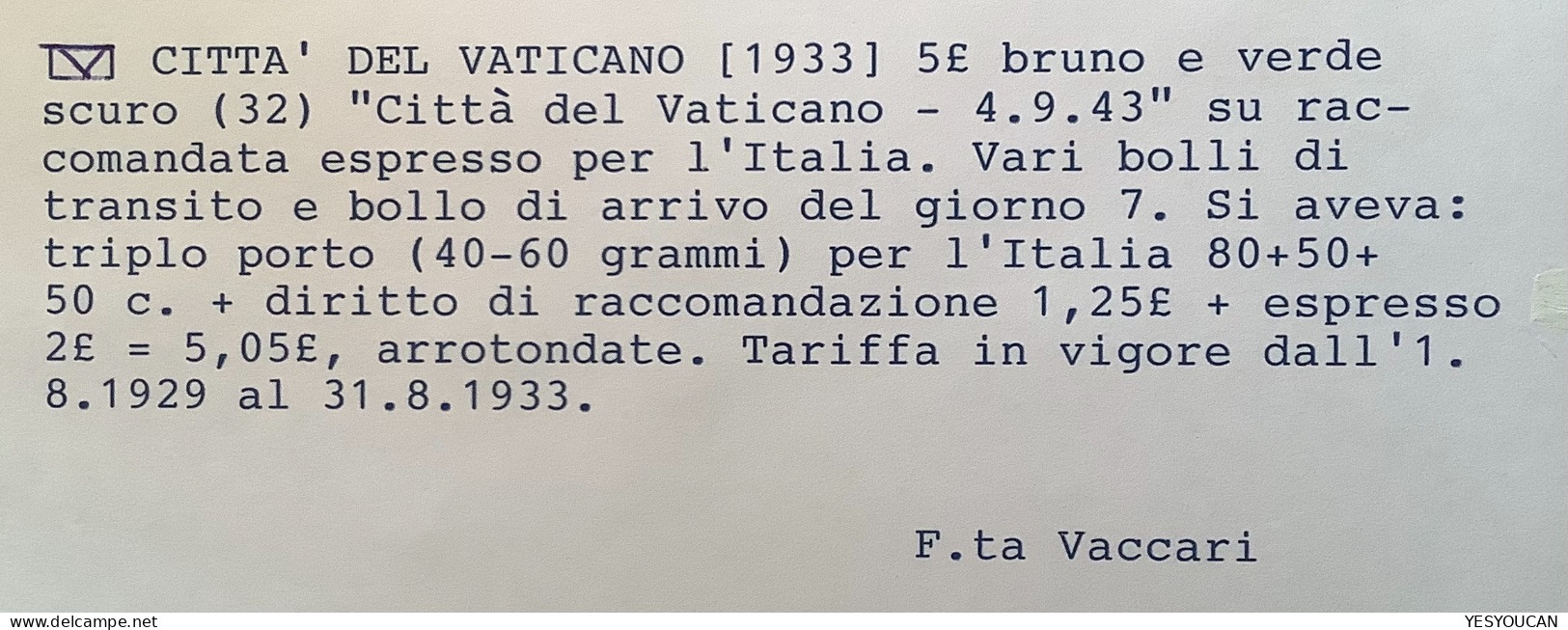 Sa.32 1933 5L 1943 Lettera EXPRÈS (Vatican Vaticano Cover Espresso Italia Italy Express Vaccari - Covers & Documents