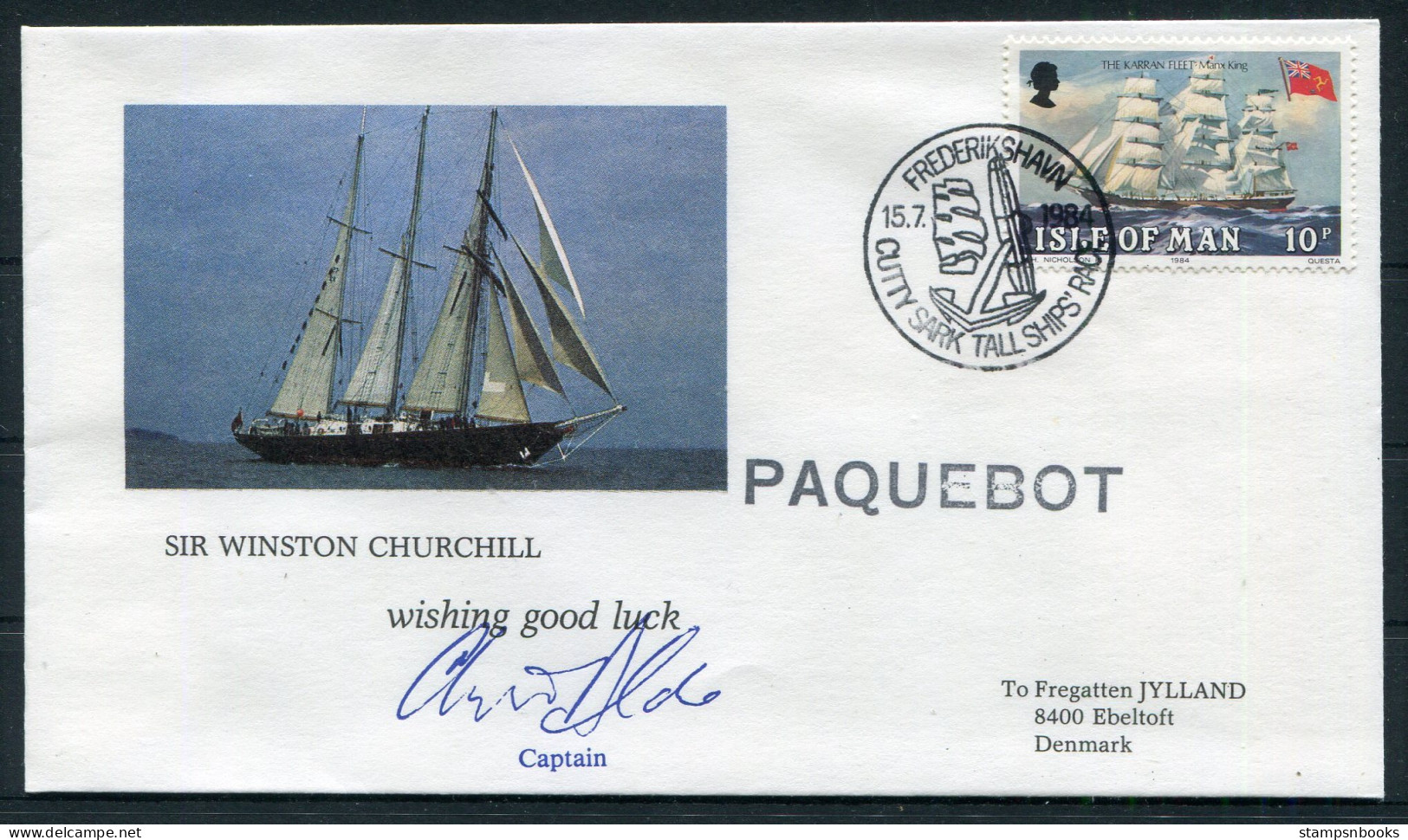 1984 I.O.M. Denmark Frederikshavn Cutty Sark Tall Ships Race "SIR WINSTON CHURCHILL" Signed Cover - Cartas & Documentos