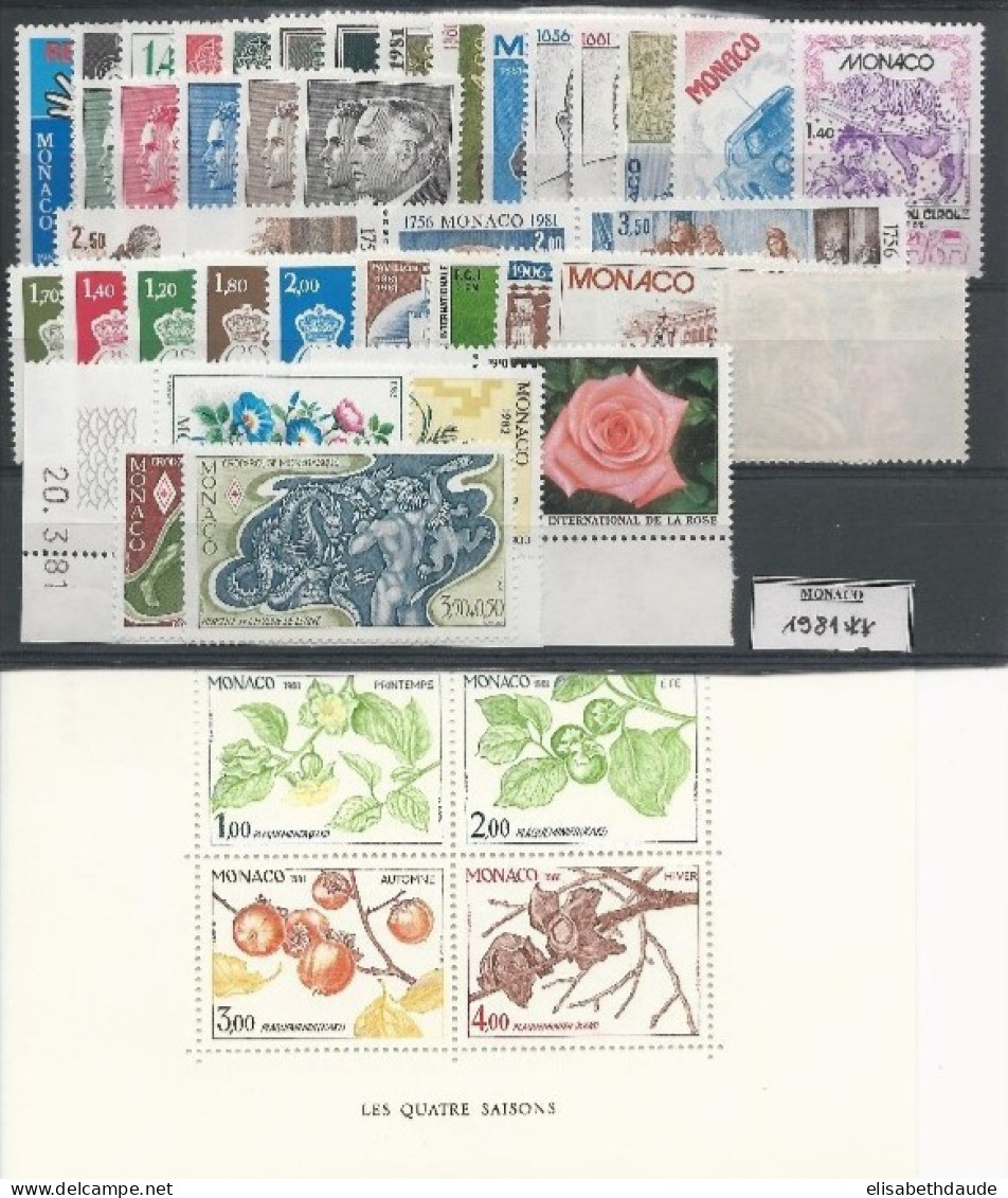 PRIOMOTION MONACO ! - 1981 - ANNEE COMPLETE ** MNH - COTE YVERT = 112 EUR. - 38 TIMBRES + 1 BLOC - Años Completos