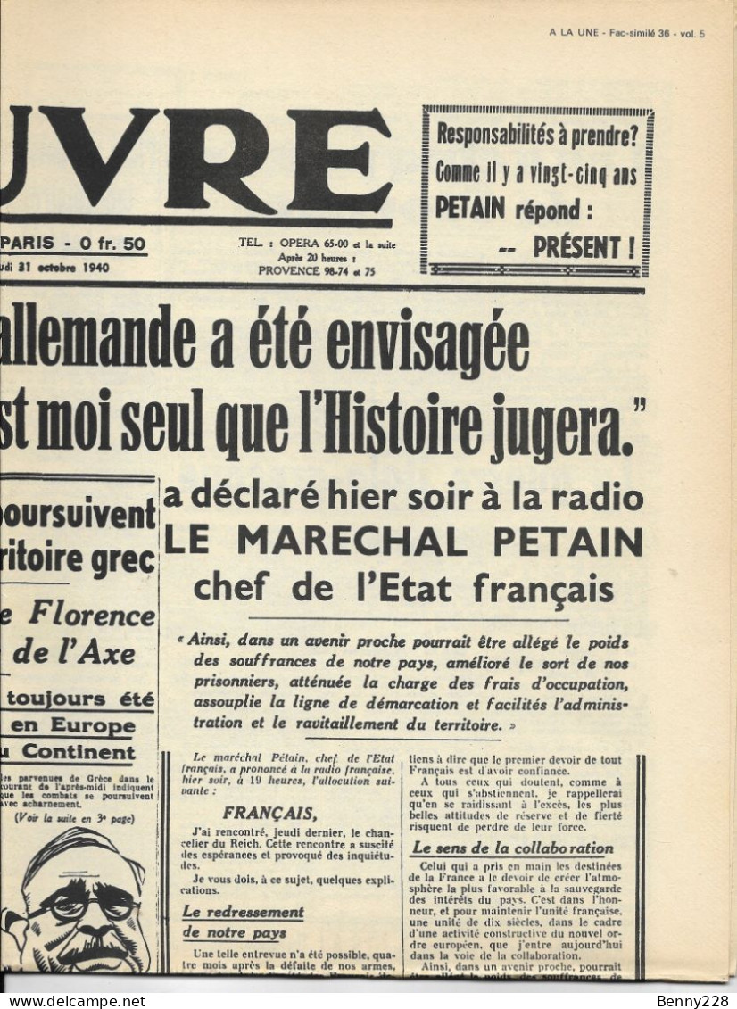 A LA UNE - MONTOIRE 24 Octobre 1940 - Französisch