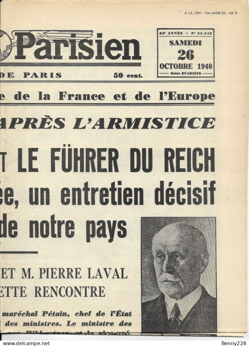 A LA UNE - MONTOIRE 24 Octobre 1940 - Français