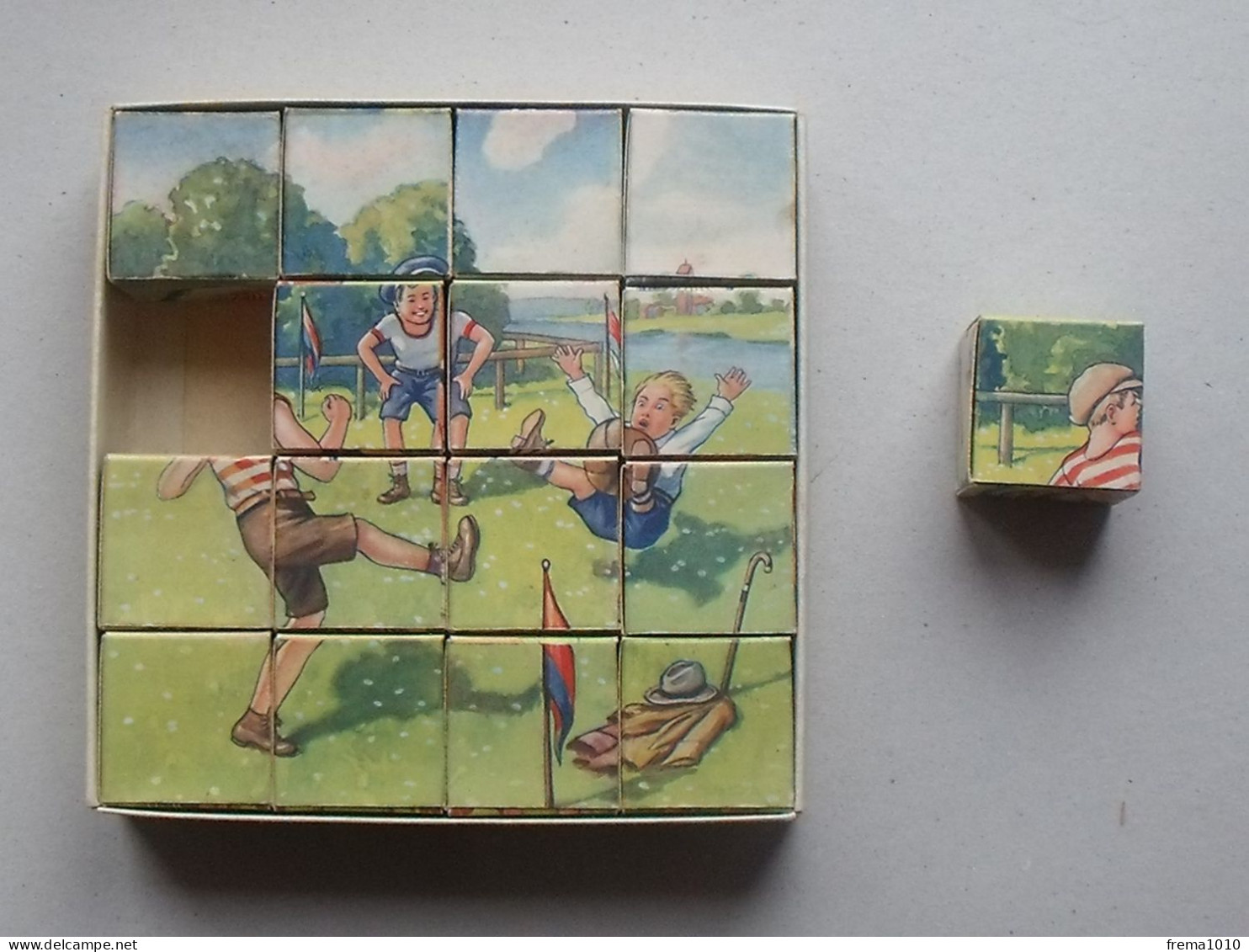 JEU DE CUBES ANCIEN EN CARTON "A LA POM D'OR": 6 puzzles Football Cyclisme Ronde Plage Neige- Cube "démontable" FOUILLON