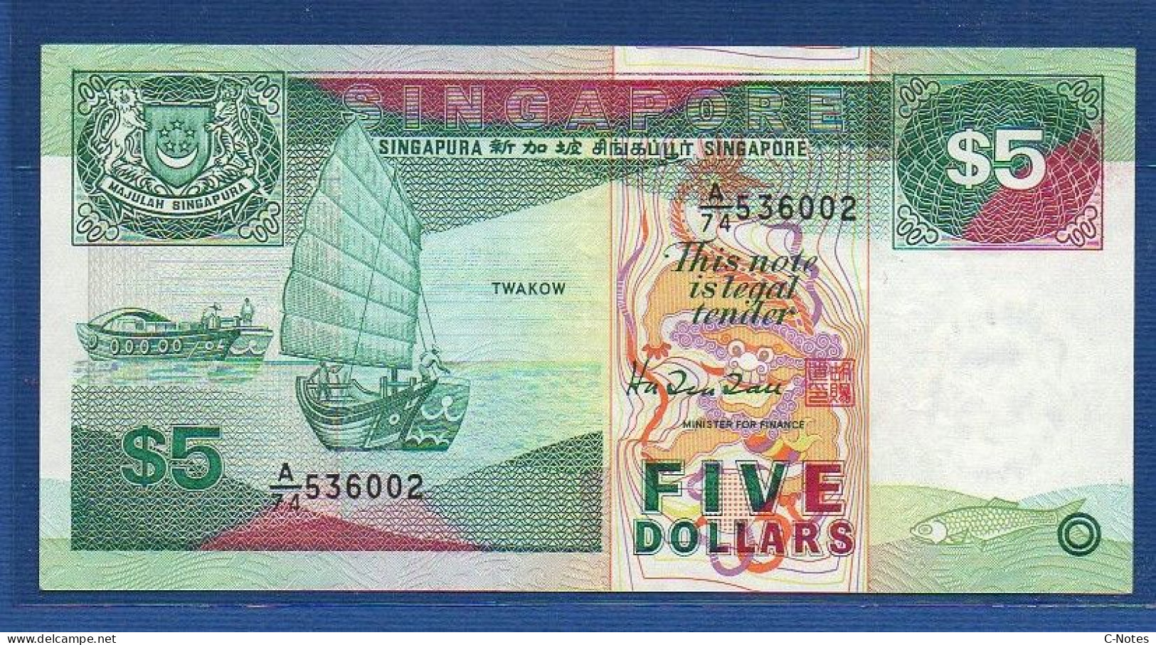 SINGAPORE - P.19 – 5 Dollars ND 1989 VF/XF, S/n A/74 536002 - Singapore