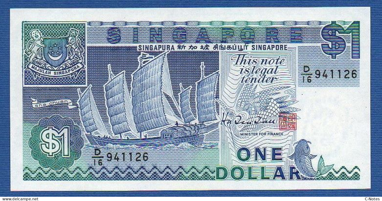 SINGAPORE - P.18b – 1 Dollar ND 1987 UNC, S/n D/16 941126 - Singapore