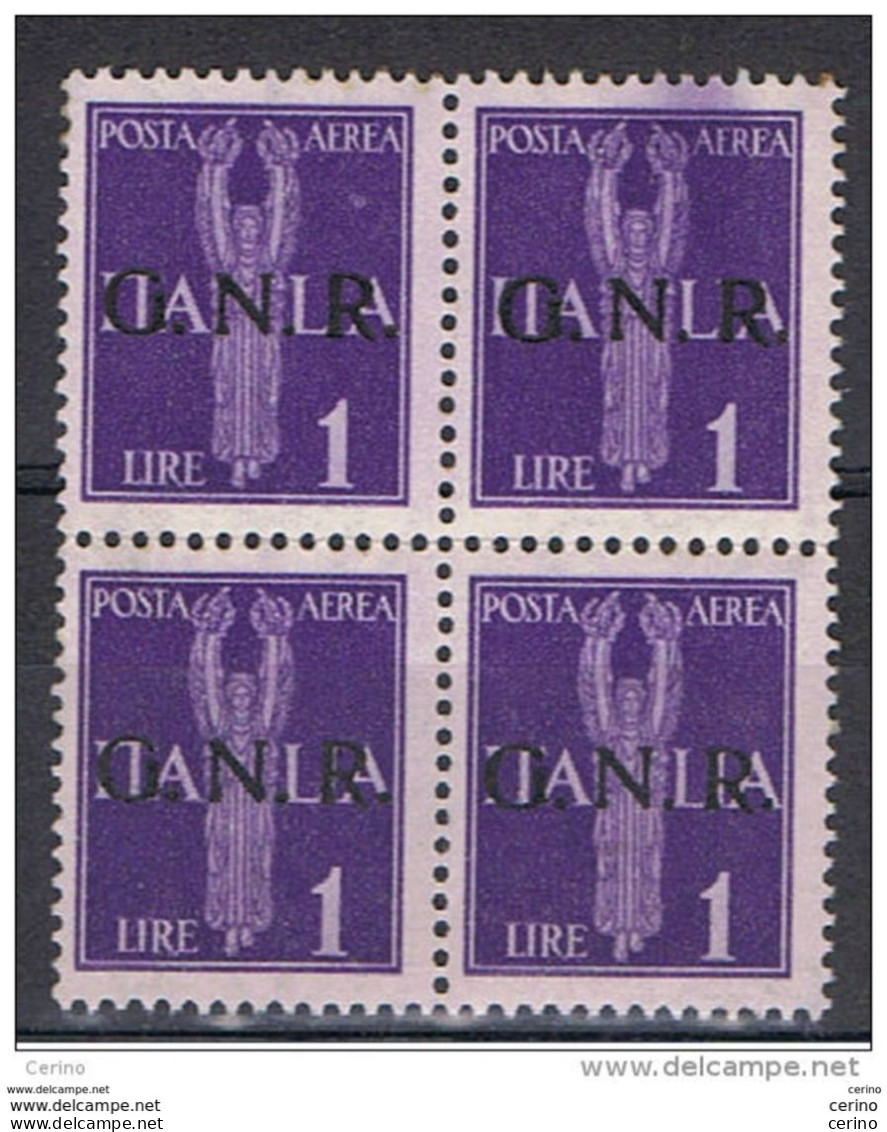 R.S.I.:  1944   P.A. ALLEGORIA  SOPRASTAMPATO  -  £. 1  VIOLETTO  BL. 4  N. -  SBAVATURA  DI  COLORE  -  SASS. 121 - Poste Aérienne