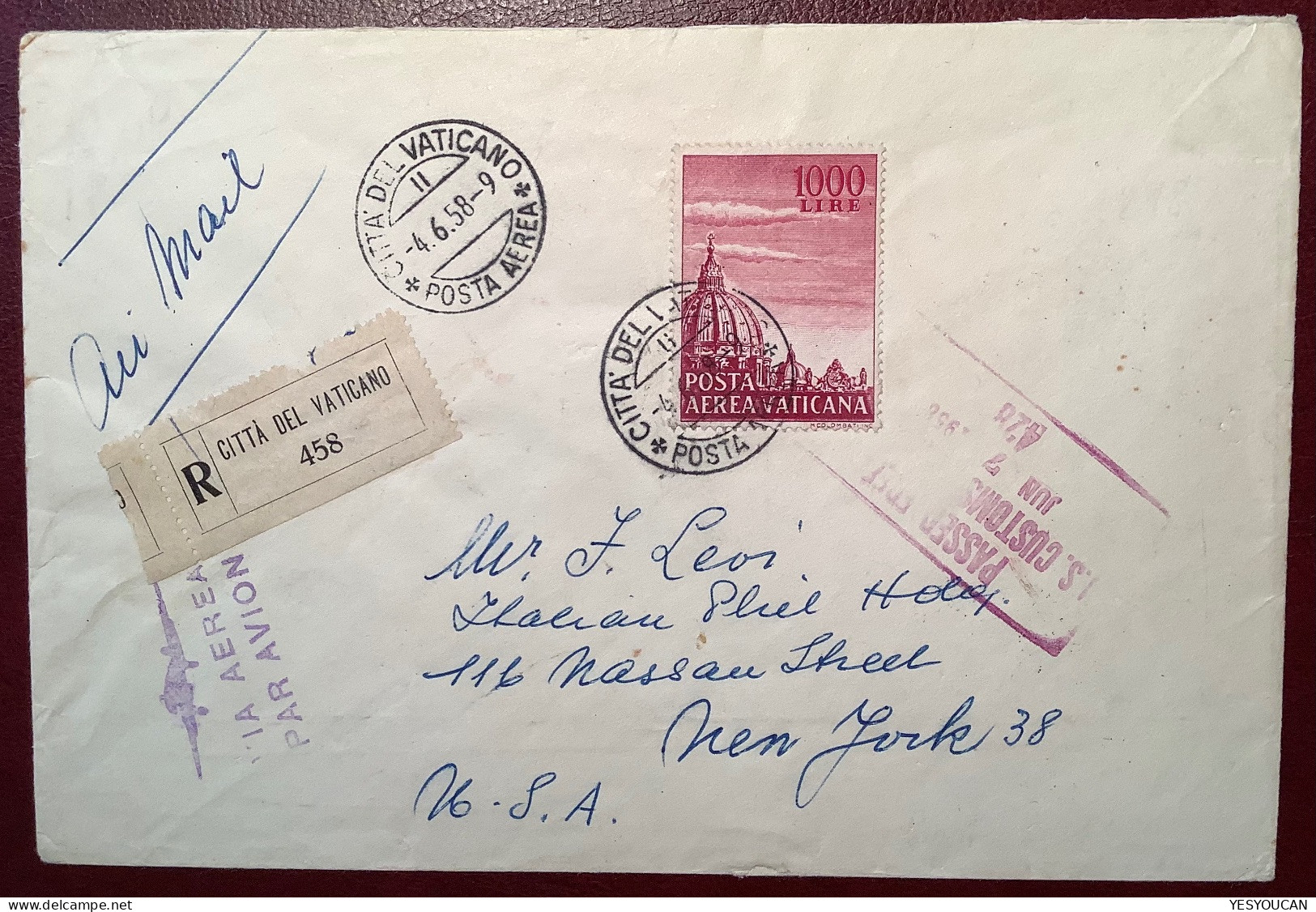 Posta Aerea Sa34 1958 1000L Lettera Air Mail>New York USA (Vatican Vaticano Cover Lettre Par Avion Italia Italy Italie - Briefe U. Dokumente