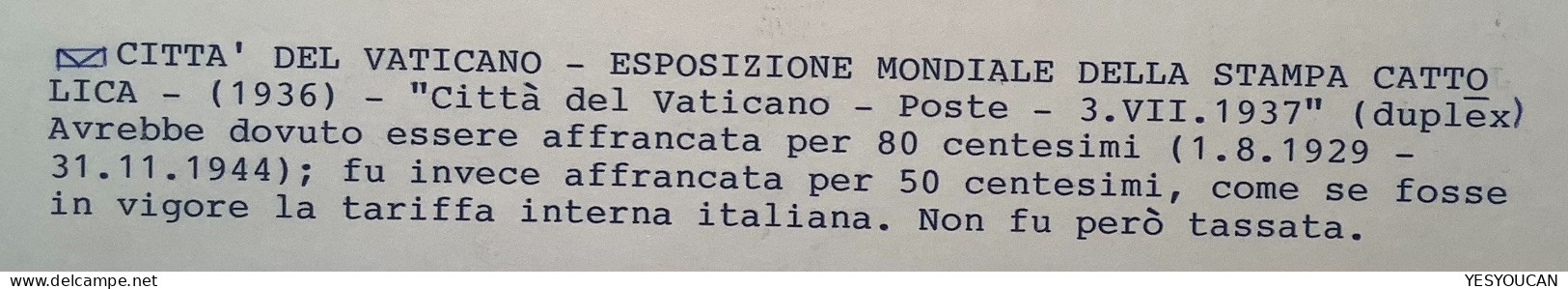 Sa.50 1936 50c ESPOSIZIONE MONDIALE DELLA STAMPA CATTOLICA  Lettera1937 (Vatican Vaticano Cover Dove Bell Art Painting - Covers & Documents