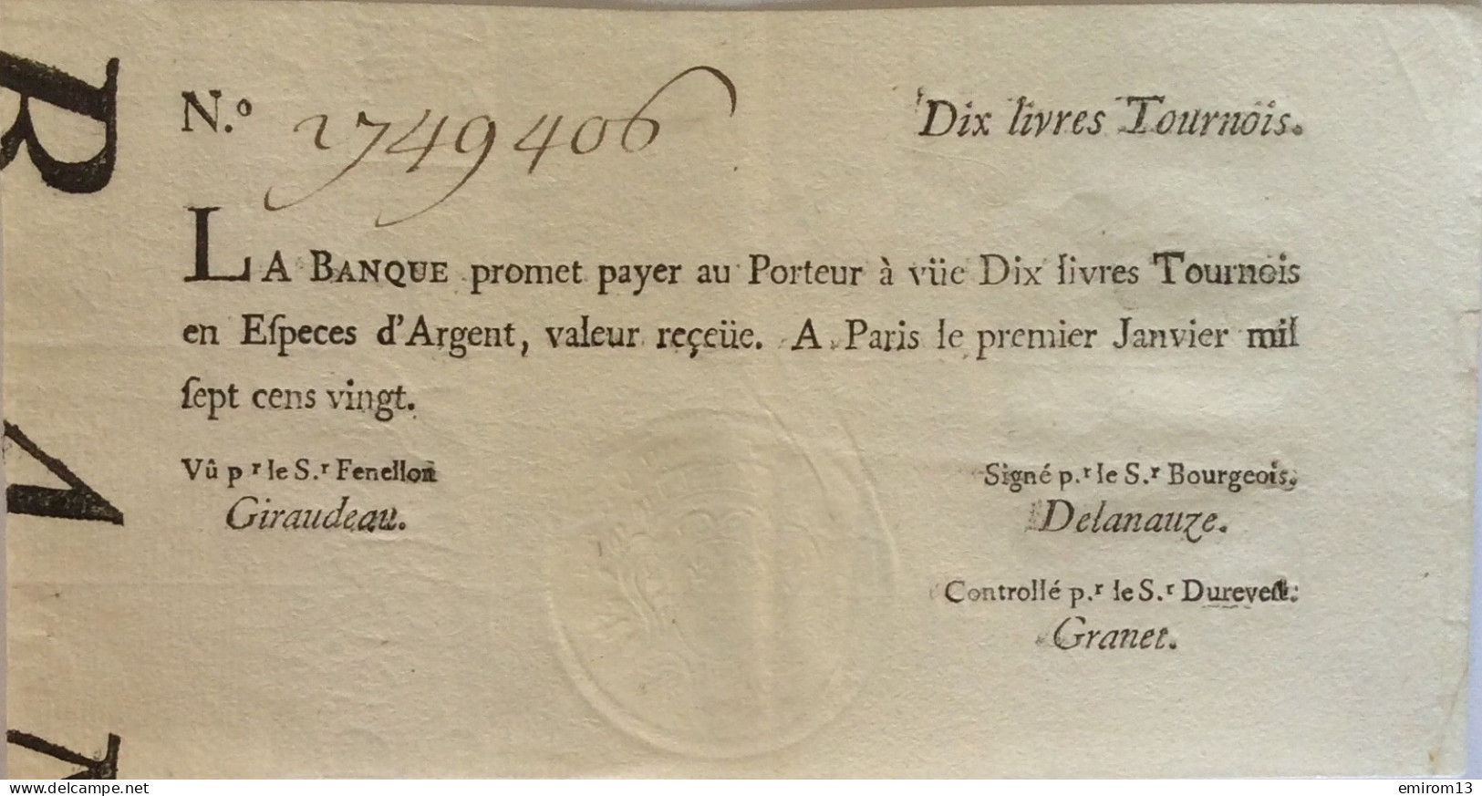 Dix Livres Tournois Assignat Billet De Banque Cachet à Sec 1 Janvier 1721 Paris Louis XV - Sonstige & Ohne Zuordnung