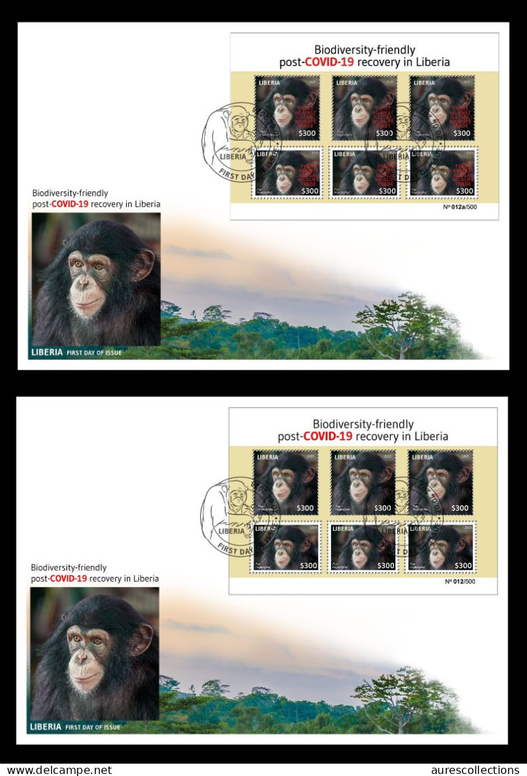 LIBERIA 2023 FDC SHEET (REGULAR & OVERPRINT) PANDEMIC COVID-19 MONKEY MONKEYS APE APES CHIMPANZEE CHIMPANZE - Chimpanzés
