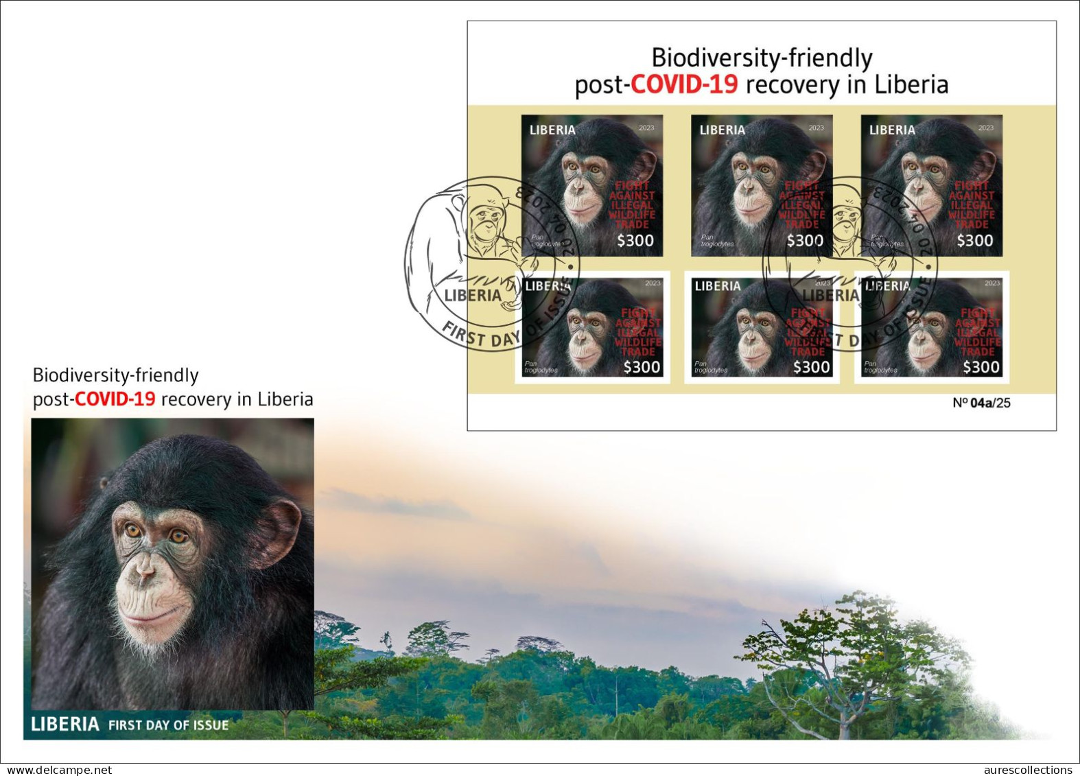 LIBERIA 2023 FDC SHEET (REGULAR & OVERPRINT) PANDEMIC COVID-19 MONKEY MONKEYS APE APES CHIMPANZEE CHIMPANZE - Chimpansees