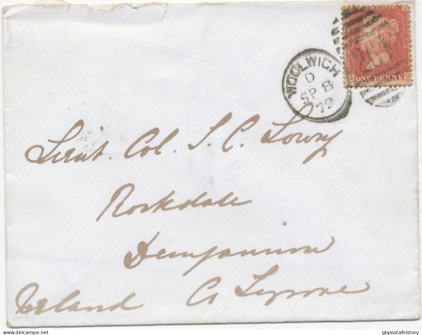 GB 1879 QV 1d Rose-red Pl.198 (JG) On Fine Cvr (small Faults) With Barred Duplex-cancel "WOOLWICH / 264" (Woolwich, Kent - Briefe U. Dokumente