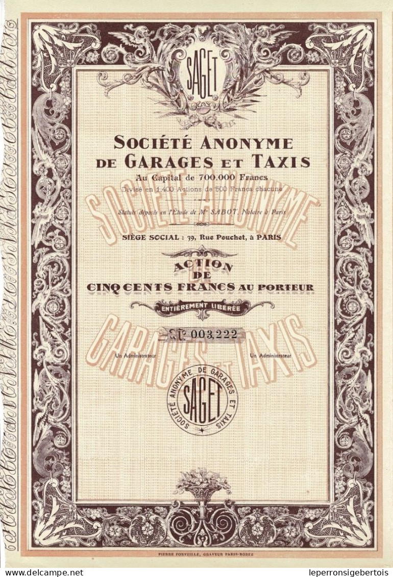 Titre Ancien - Société Anonyme De Garages Et Taxis - Belle Présentation - - Auto's