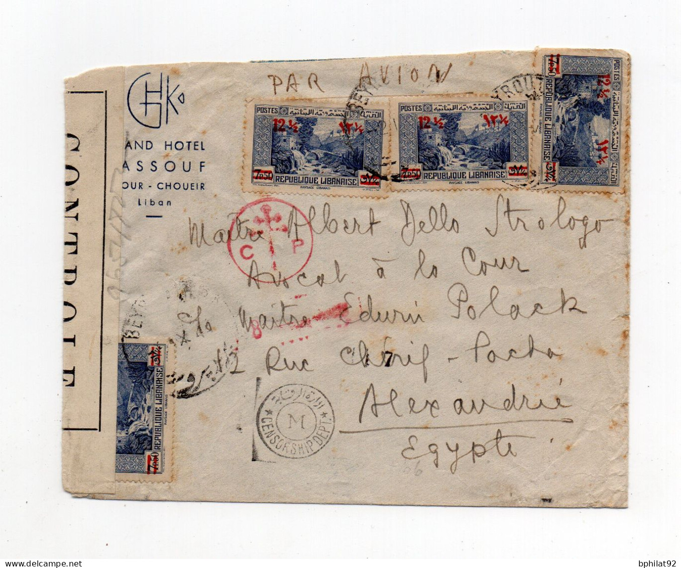 !!! GRAND LIBAN, LETTRE PAR AVION DE BEYROUTH POUR ALEXANDRIE DE 1944 AVEC CENSURE FRANCE LIBRE - Briefe U. Dokumente