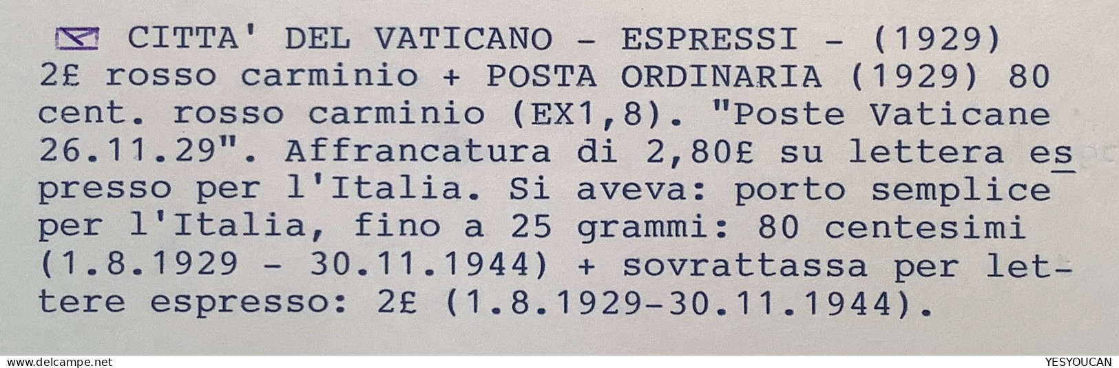Sa.8, E1 1929 80c+2L ESPRESSI Lettera (Vatican First Issue Cover Vaticano Italia Italy Lettre Express Espresso - Covers & Documents