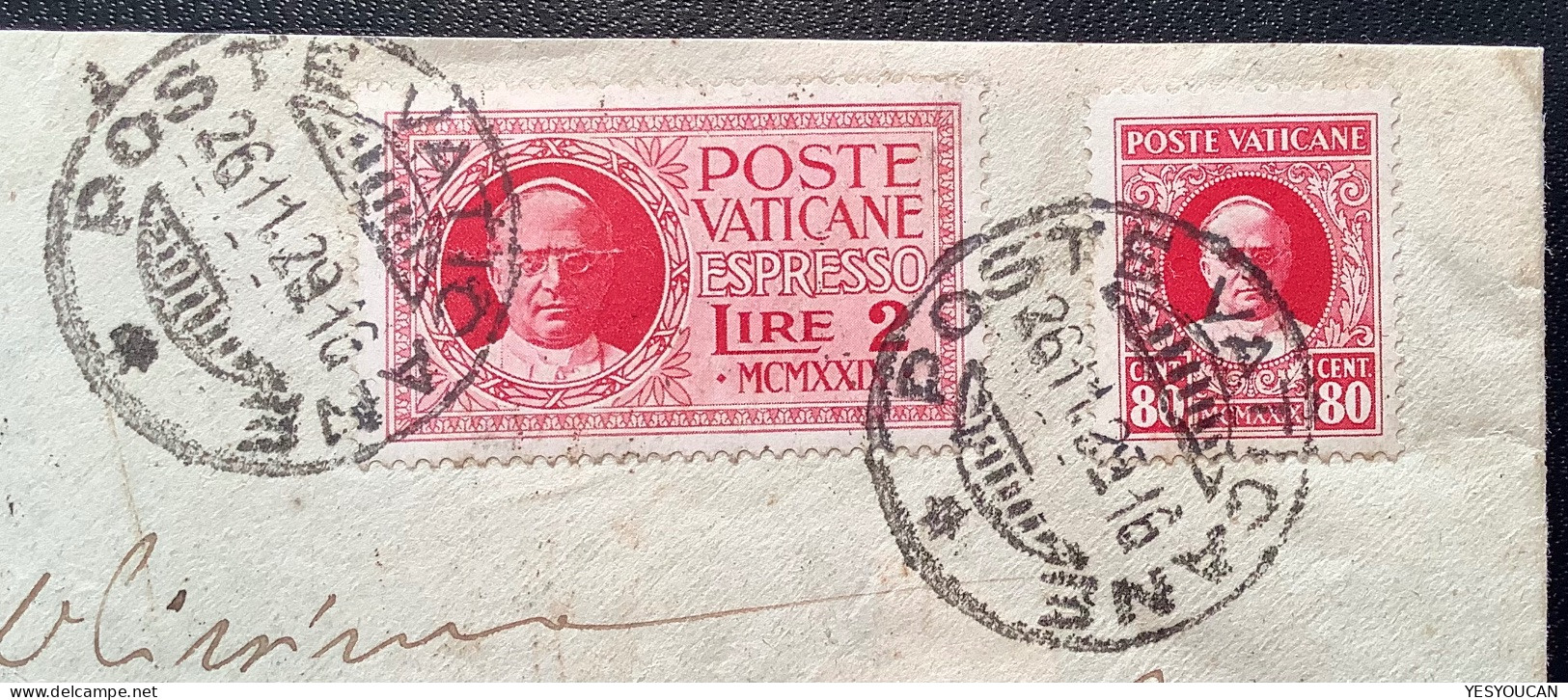 Sa.8, E1 1929 80c+2L ESPRESSI Lettera (Vatican First Issue Cover Vaticano Italia Italy Lettre Express Espresso - Lettres & Documents