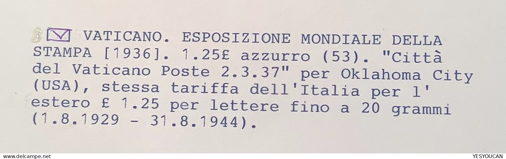 Sa.53 1936 1,25L ESPOSIZIONE MONDIALE DELLA STAMPA CATTOLICA  Lettera1937>Oklahoma (Vatican Vaticano Cover Art Painting - Lettres & Documents