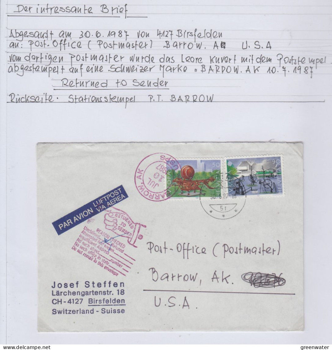 Switzerland Cover To Point Barrow  Alaska & Back Ca Birsfelden 30.6.1987 Ca Barrox JUL 10 1987 (BS159A) - Estaciones Científicas Y Estaciones Del Ártico A La Deriva