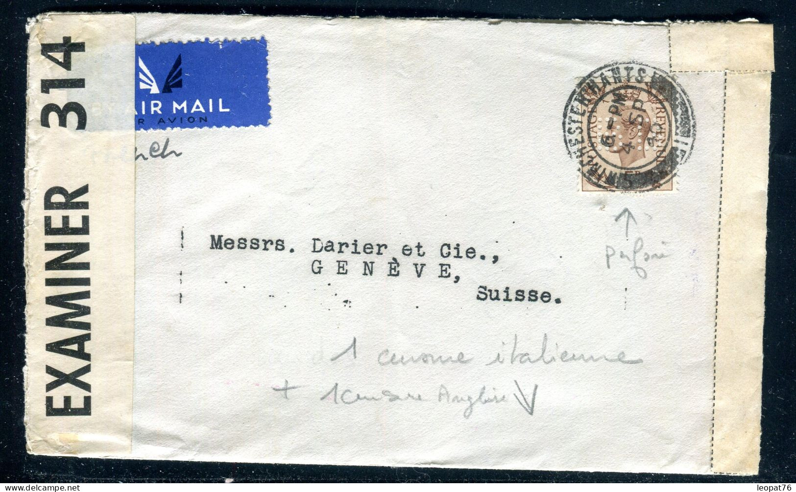 Grande Bretagne - Perforé Sur Enveloppe Commerciale De Micheldever Pour La Suisse En 1940 Avec Contrôles Postaux  - M 42 - Gezähnt (perforiert)