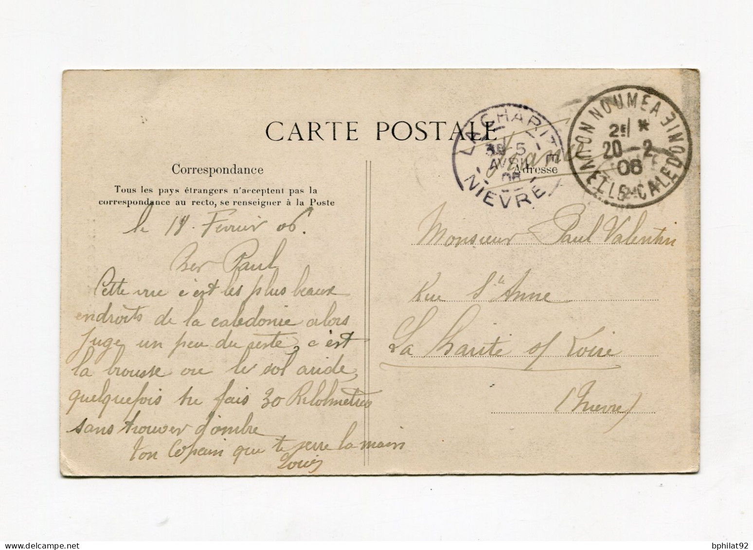 !!! NVELLE CALEDONIE, CPA DE NOUMEA, DANS LA BROUSSE, POUR LA FRANCE CACHET DE NOUMEA DE 1906 - Lettres & Documents