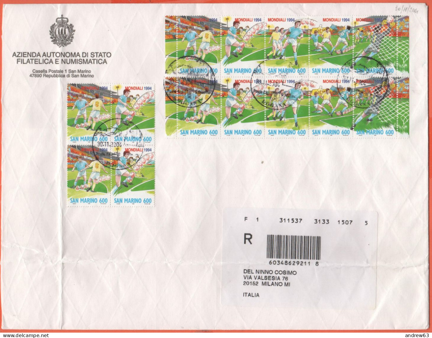 SAN MARINO - 2004 - Blocco Da 4 + 2 Serie Di Campionati Mondiali Di Calcio USA 94 - Raccomandata - Viaggiata Da San Mari - Cartas & Documentos