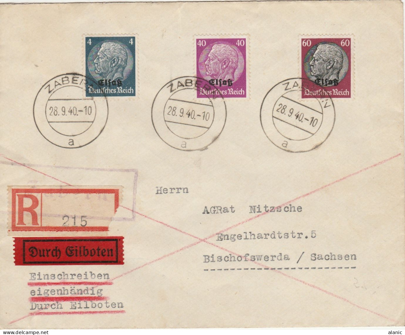 FRANCE-Alsace-Occupation Allemande-Lettre Recommandée-N°2+12+14-Départ SABERN(28-9-40)pour BISCHOFASWERDA/SACHSEN-Rare - War Stamps