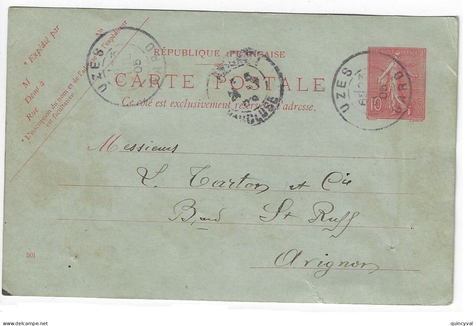 UZES Gard Carte Postale Entier 10c Semeuse Lignée Mill 501 Ob 1905 Storch A1 - Standard- Und TSC-AK (vor 1995)