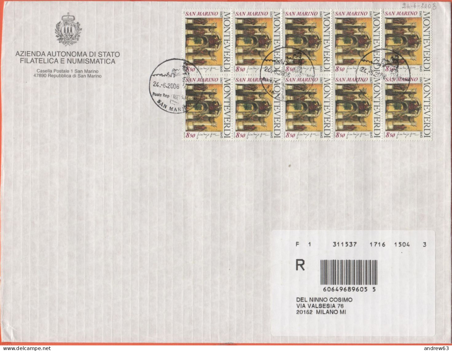 SAN MARINO - 2008 - Blocco Da 8 X 850 Celebrazioni D'autore-C.Monteverdi - Raccomandata - Viaggiata Da San Marino Per Mi - Storia Postale