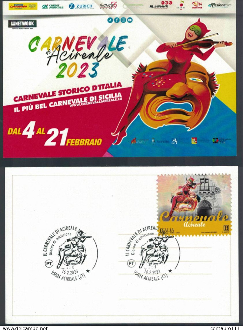 Acireale, Catania, Sicilia, Annullo Postale, Marcofilia, Carnevale, Giorno Di Emissione + Annullo Carnevale - Acireale