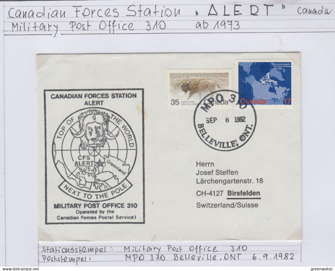 Canada Canada Forces Station Alert Military Post Office Ca Belleville SEP 6 1982 (BS176) - Estaciones Científicas Y Estaciones Del Ártico A La Deriva