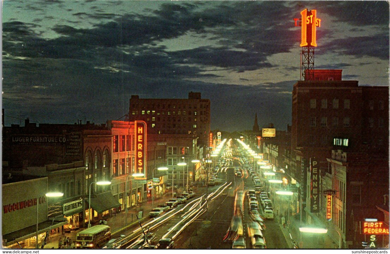 North Dakota Fargo Broadway Street Scene At Night 1964 - Fargo