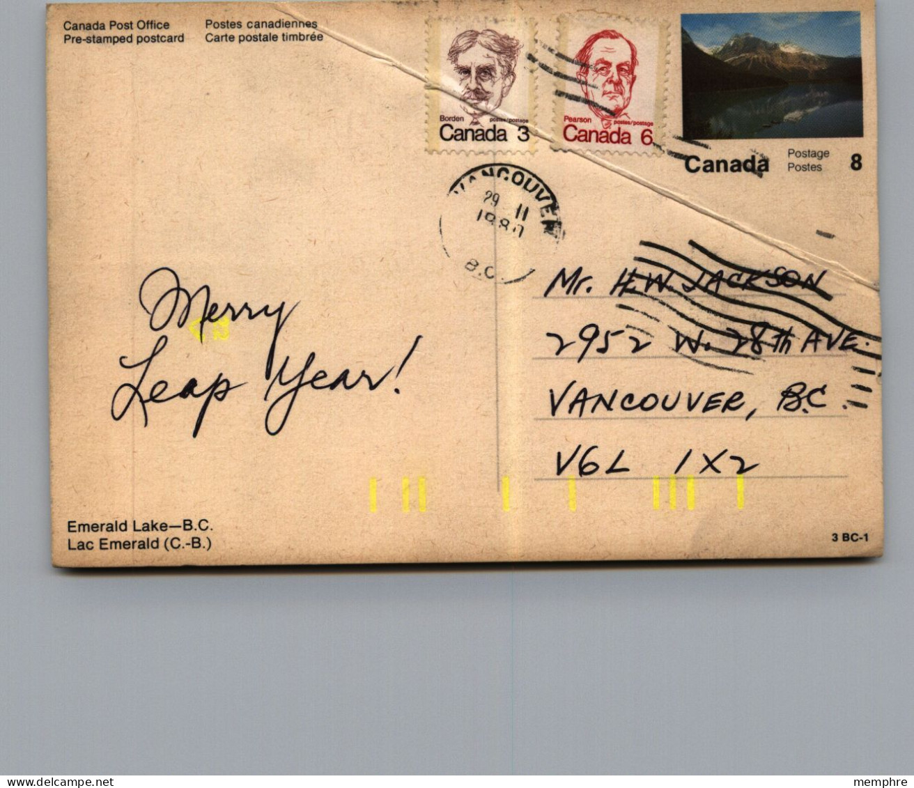 1972 Postcard -  -Emerald Lake, BC    From Series 3BC-1 Used - 1953-.... Règne D'Elizabeth II