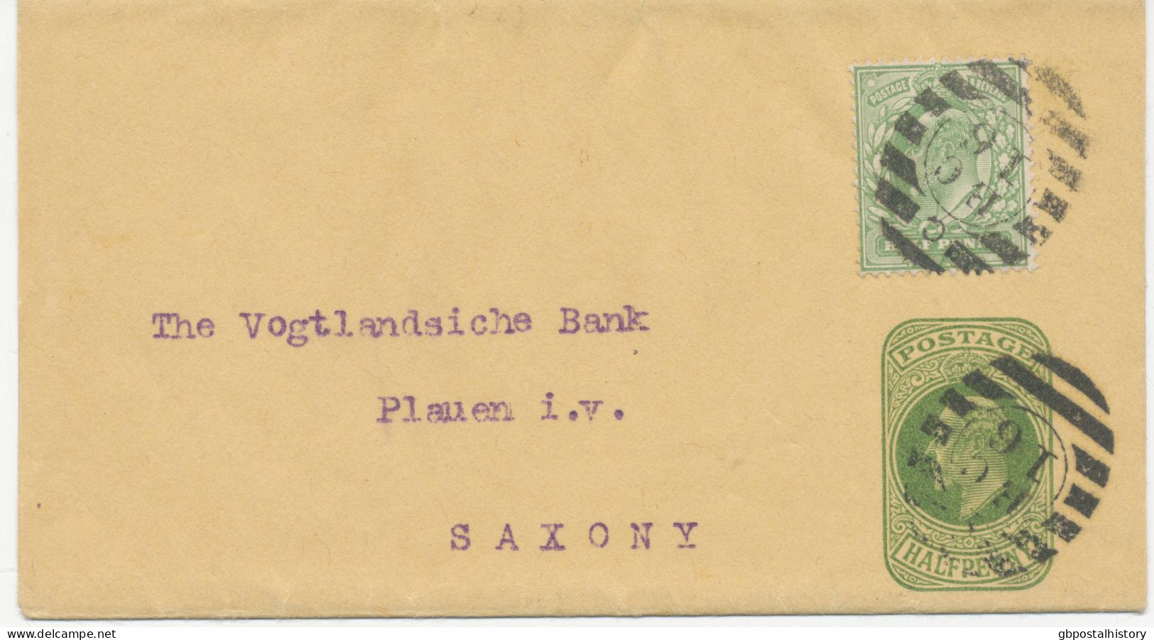 GB 190?, EVII ½d Yellow-green Superb Wrapper Together W. ½d Blue-green With Clear Barred Cancel "G / E.C / 16" (Dubus Ty - Briefe U. Dokumente