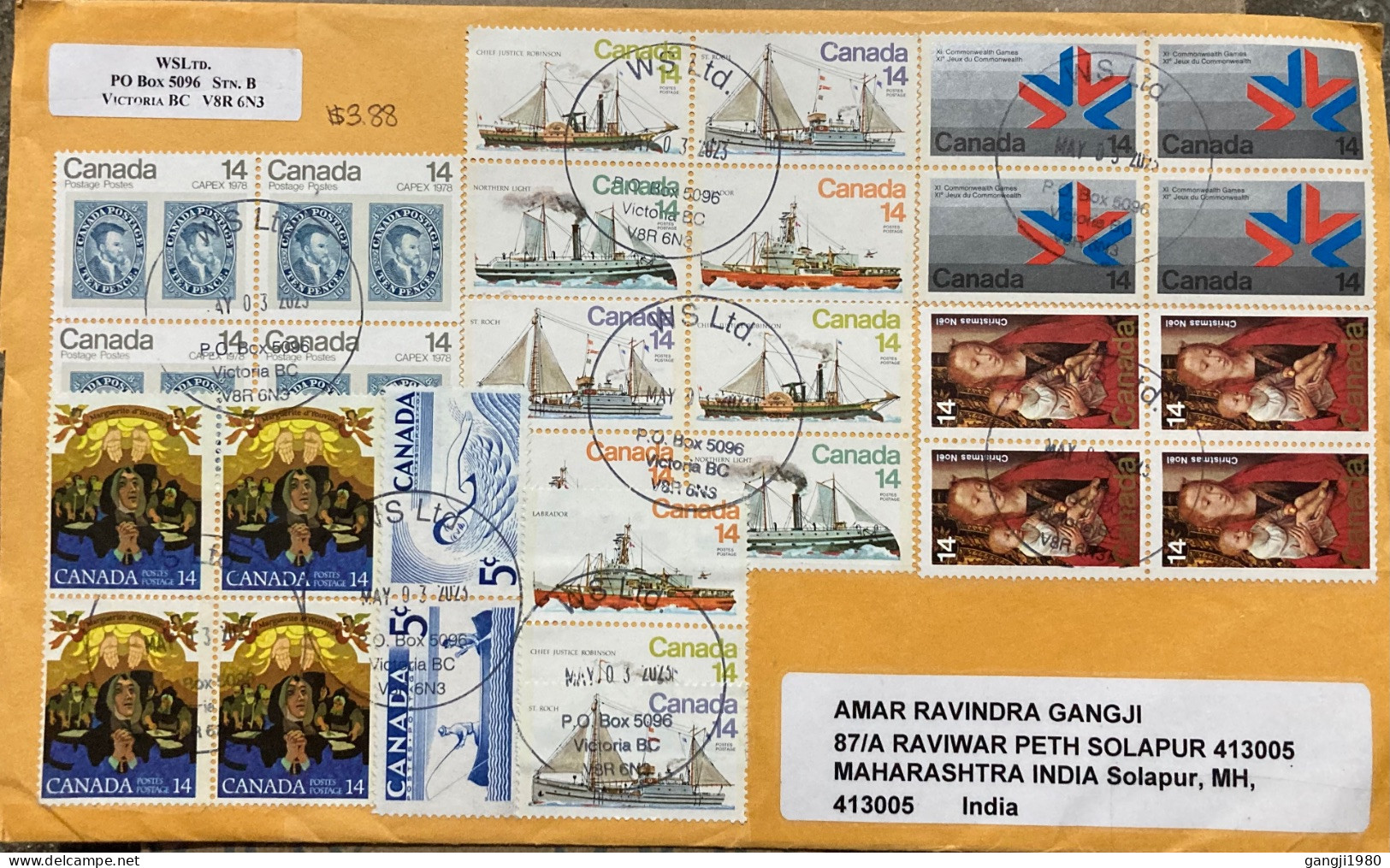 CANADA 2023, COVER USED TO INDIA, MULTI 24 STAMP, 8 DIFF SHIP, CHRISTMAS, CAPEX 1978, STAMP ON STAMP, GAME, SWIMMING, BO - Covers & Documents