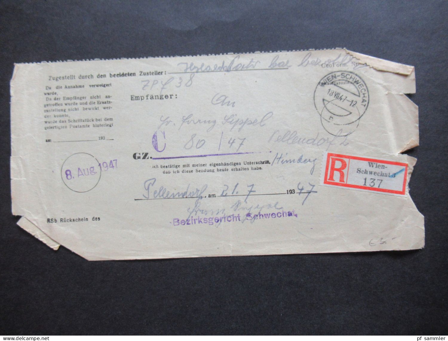 13.8.1947 Österreich Rsb Rückschein Des Bezirksgericht Schwechat / Einschreiben Wien Schwechat 3 - Covers & Documents